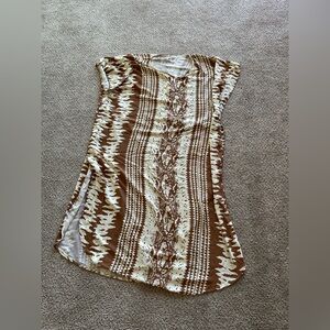 Womens Tunic Dress Cover Up Brown Cream Geometric Print No Size Tag Loose Fit